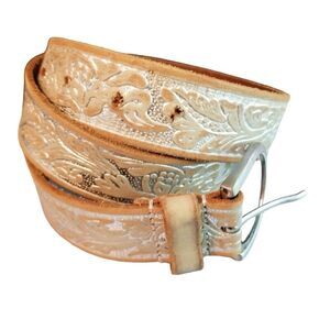 GAP Muted Distressed Silver Over Tan Leather Floral Embossed Belt, SZ M